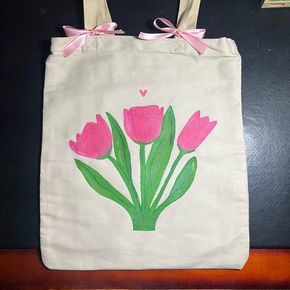 Canvas Tote Bag with Pink Tulip Design
